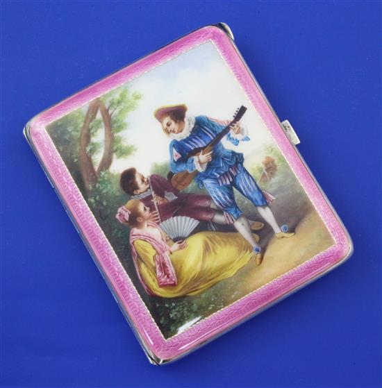 A mid 20th century German sterling silver and pink guilloche enamel cigarette case, 3.25in.